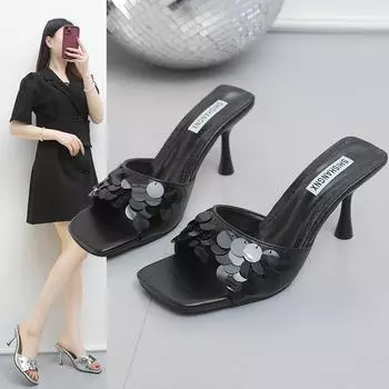 2025 summer new niche high-end cool slippers outer wear thin heel sequined high-heeled sandals women s shoes 35 серебряный