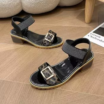 2025 summer new open-toed wind large size round head hollow one-word buckle women s high-heeled sandals 35 чёрный