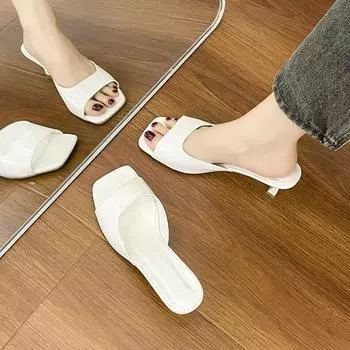 2025 summer new patent leather nude high-heeled sandals thin heels pointed toes sexy outer slippers women 35