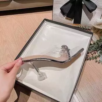 2025 summer new patent leather nude high-heeled sandals thin heels pointed toes sexy outer slippers women 34