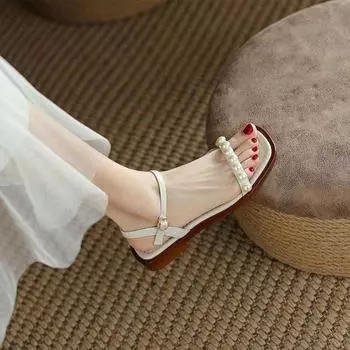 2025 summer new pearl one-word sandals women s fashion and comfort low-heeled open-toed flat beach shoes outer wear 35 слоновая кость