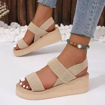 2025 summer new platform sandals women wear Roman elastic belt imitation straw large size beach sandals foreign trade 36 чёрный