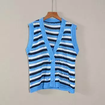 2025 Summer New Product Women s Clothes Cardigan V Neck Stripes Cut Out K-style Sweater Outerwear Tops Slim Looking Popular Color 1 All yards