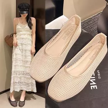 2025 summer new retro mesh shallow mouth single shoes square head shallow mouth breathable grandma shoes fashion women s shoes 35 чёрный