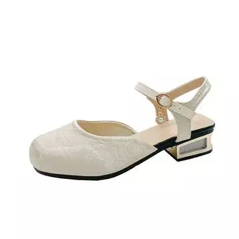 2025 summer new retro national style square head with thick heel pearl bag head rear empty buckle high-heeled sandals women 36