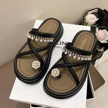 2025 summer new retro toe muffin cross chain pearl beach thick bottom cool slippers women 35