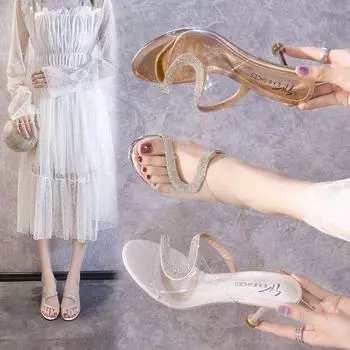 2025 summer new rhinestone stiletto sandals outside wear Internet celebrity banquet transparent hollow high heels slippers women 34 бежевый