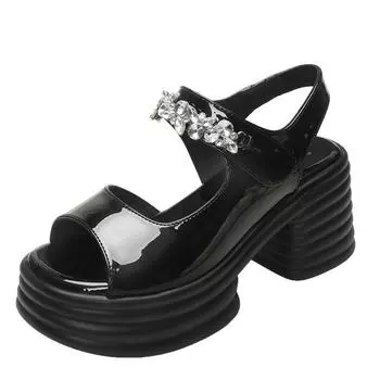2025 summer new rhinestone thick-heeled Roman sandals women s platform-soled small French muffin temperament high-heeled sandals 35