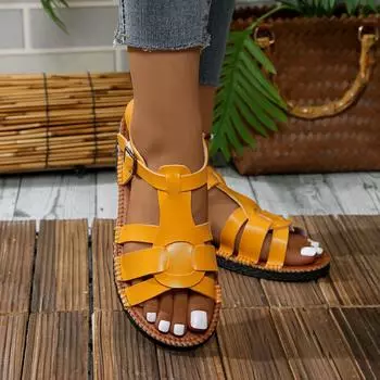 2025 summer new Roman style foreign trade large size woven outer wear cool slippers European and American station buckle women s shoes 36 чёрный