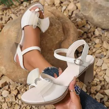 2025 summer new round head open-toed European and American large-size bow one-word buckle women s high-heeled sandals 36 чёрный