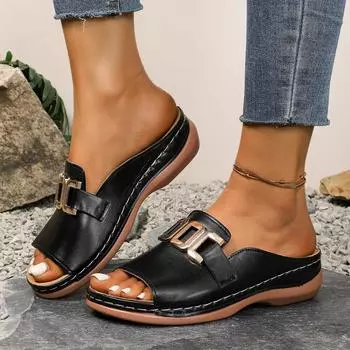 2025 summer new round head solid color large size European and American style women s one-word metal buckle thick bottom cool slippers 36