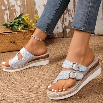 2025 summer new round head solid color large size fashion style women s herringbone muffin thick bottom cool slippers 36 чёрный