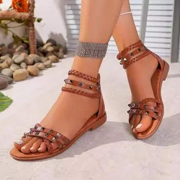 2025 Summer New Round Head Willow Nail Roman Sandals Foreign Trade Large Size Women s Comfortable Cross-Border Sandals Fashion 35