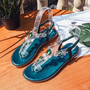 2025 summer new sandals women s bohemian beaded, flat-bottomed herringbone toe beach women s shoes 35 зелёный