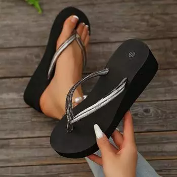 2025 summer new slope heel fashion Korean version of African foreign trade large size women s beach pinch flip-flops spot 36 чёрный