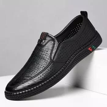 2025 Summer New Soft Leather Shoes for Men Hallow Breathable Soft Sole Sandals for Men Fashion Solid Color Casual Loafers Man 38 чёрный