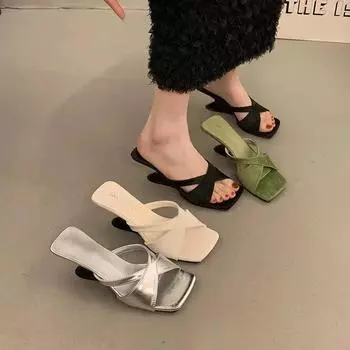 2025 summer new special-shaped heel cross-toed slippers women s outer wear square head open-toed high heels rhinestone women s shoes batch 35
