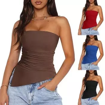 2025 summer new Spice Girl pleated split irregular tube top sexy top S чёрный