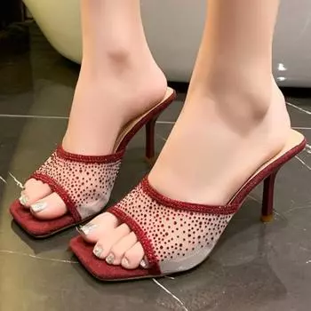 2025 Summer New Square Head Mesh Diamond High Heels Women s Shoes with Versatile Style and Thin Heels Cool Slippers 35 чёрный