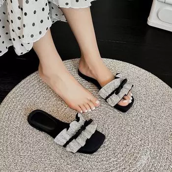 2025 summer new square head solid color large size fashion style women s one-word bow thick bottom cool slippers 35 серебряный