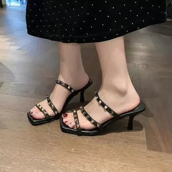 2025 summer new square-headed open-toe with high-heeled slippers women s willow nails sexy thin-heeled cool slippers foreign trade 35 чёрный