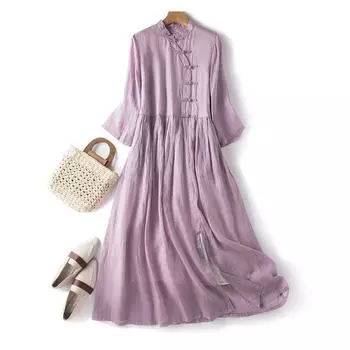 2025 summer new stand-up collar seven-quarter sleeve buckle dress women s retro loose solid color long dress lined M светло-фиолетовый