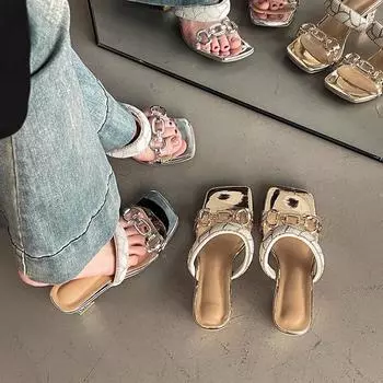 2025 summer new stiletto sandals transparent rhinestones wear cool slippers women s head sexy versatile high heels 34 золотой