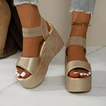 2025 summer new style solid color round head open toe one-word women s fashion large size wedge sandals 35 чёрный