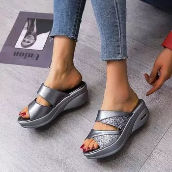 2025 summer new thick-bottomed one-word muffin cool slippers women s outer wear sequined beach thick-bottomed drag 35 серый