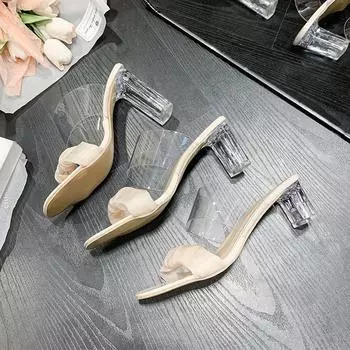 2025 summer new thick heel cool slippers women s skirt outer wear pleated fashion crystal high heel one-word 34