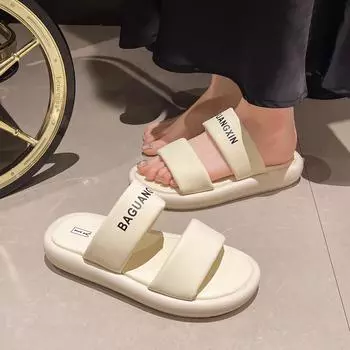 2025 summer new thick-soled color matching casual simple word beach shoes bread cool slippers women 35 белый