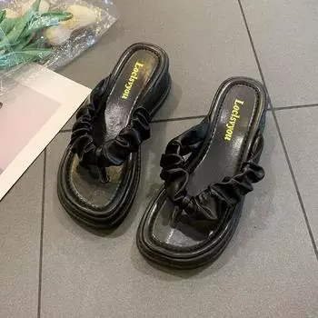 2025 лето новые толстые подошвы верхняя одежда носок женские тапочки модные мятые шлепанцы носить пляжные сандалии 35 бежевый