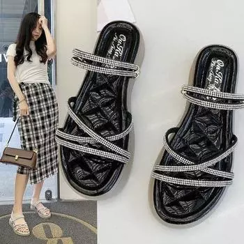 2025 summer new two wear sandals outside wear cold slippers rhinestone fashion platform muffin height increase Internet celebrity slippers women 35 чёрный