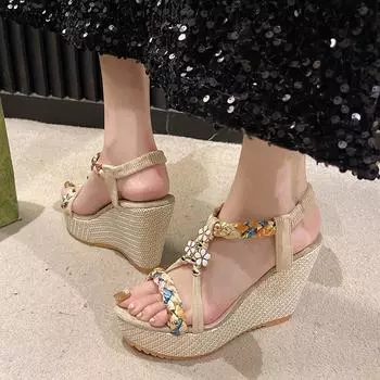 2025 summer new wedge heel women s shoes woven open-toed one-word strap high heels empty casual sandals 35 чёрный