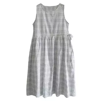 2025 summer new white background blue plaid pleated drawstring dress women s round neck sleeveless temperament vest skirt M