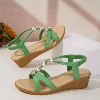 2025 summer new wind round head open-toed leopard print one-word foot cover women s large size wedge sandals 35 зелёный