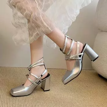2025 Summer New Women s Closed Toe Sandals Ankle-wrap Chunky Heels Buckle Strap Sandals for Plus Size Fashion Dress Party Shoes 35