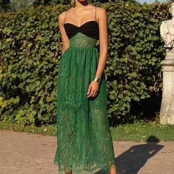 2025 summer new women s dress suspender sexy lace green hollow holiday multi-layer long dress S зелёный