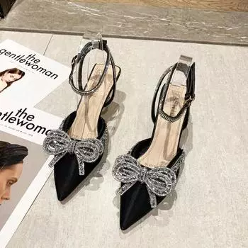 2025 Summer New Women s Fashion Pointed Stiletto High Heels Elegant Bow One Button Sandals Comfortable Black zapatos de mujer 34