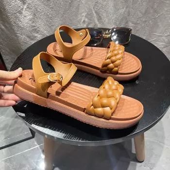 2025 summer new women s sandals solid color thick-soled rear straps fashionable one-character flat-soled sandals outer wear 36 светло-коричневого