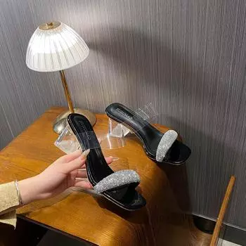 2025 summer new women s shoes, fashionable European and American style rhinestones, transparent crystal heels, square head open-toed cold heels, women 34 чёрный