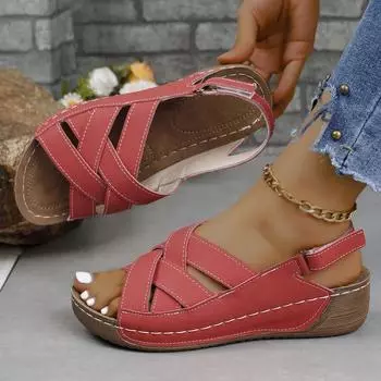 2025 summer new women s wedge heel sandals platform buckle beach shoes round head solid color wedge heel sandals 36 чёрный