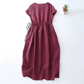 2025 summer new yarn-dyed cotton and linen dress women s burgundy lace-up waist thin retro medium and long dress M