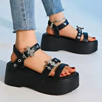 2025 Summer Open Toe Women s Sandals Fashion Metal Decoration New Plus Size Casual Comfortable Best Seller Platform Sandals 35 чёрный