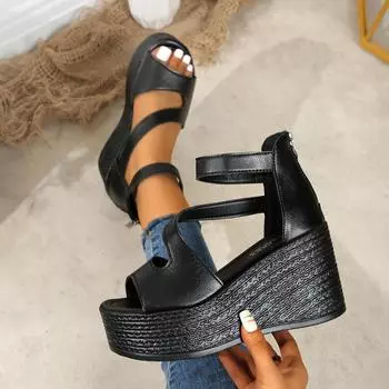 2025 summer open-toed wedge heel women s sandals new wedge heel hollowed Roman sandals women 35