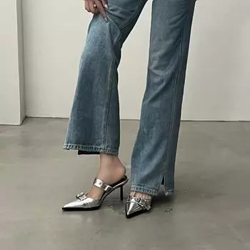 2025 summer~ pointed belt buckle thin heel belt buckle single shoes women s European and American bag head silver rear empty high-heeled sandals 35