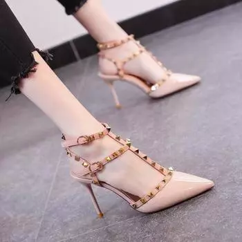 2025 summer pointed head rivet high heels women s thin heel one-word buckle sandals women s willow wedding shoes medium heel shoes large size 34