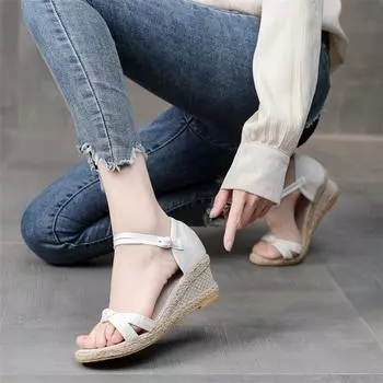 2025 summer popular new bow fish mouth shoes high heel sports women s sandals wedge heel European and American buckle fairy shoes 34
