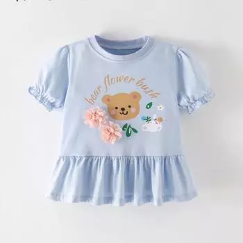 2025 летняя футболка из чистого хлопка с рисунком из мультфильмов для девочек, детская одежда, короткий рукав, юбка, длинный стиль, футболка для девочек, синие топы, футболки 3Y