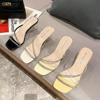 2025 summer pvc transparent sandals female sexy square head thick heel fairy style shoes high heel outer wear cool slippers 35 чёрный